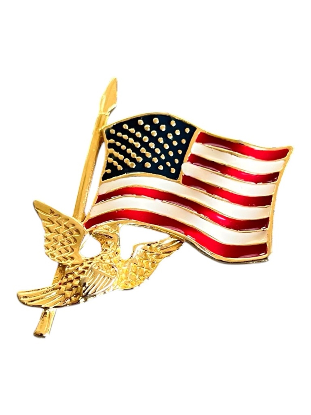 Vintage Gold Tone Eagle & American Flag Enamel Pin – Classic Americana